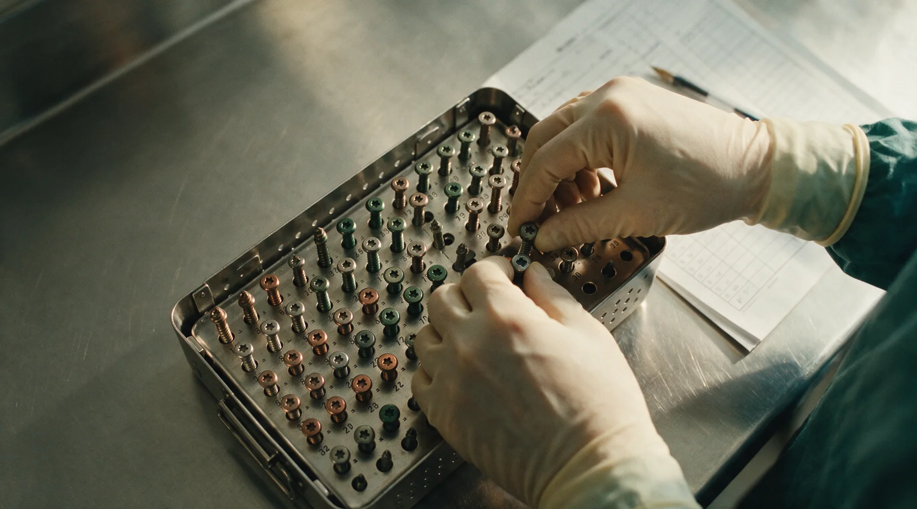 Gloved hands counting screws back into a caddy beside a printed count sheet.