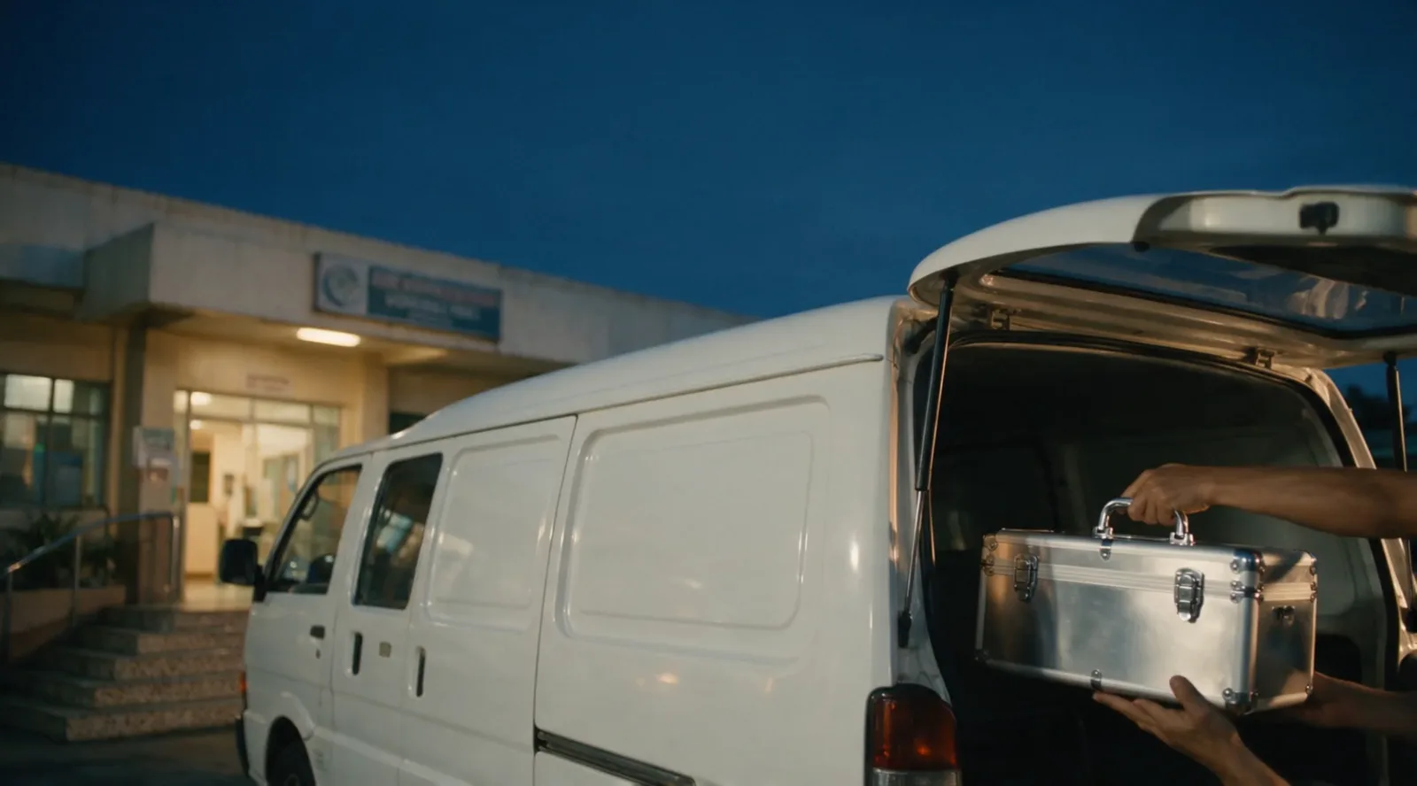 A white van at a hospital entrance at blue hour, a case being lifted from the back.