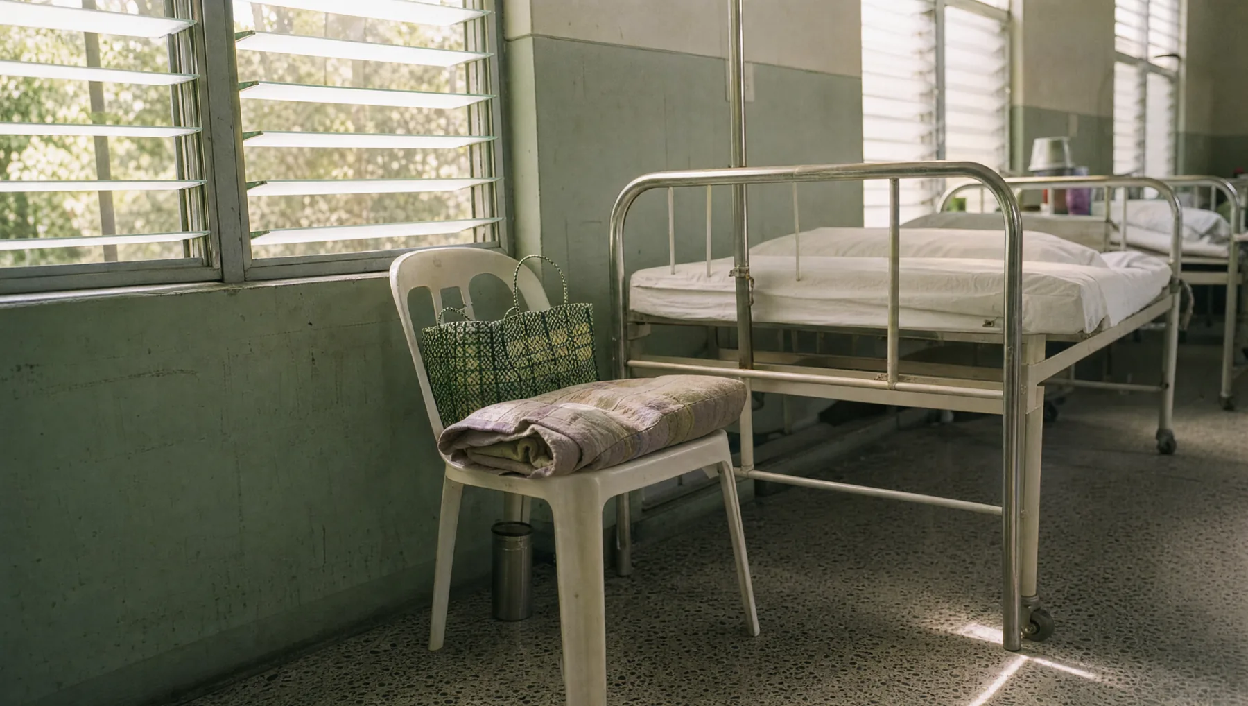 An empty white monobloc chair beside a hospital bed, a folded blanket and a woven bag on the seat, morning light through jalousie windows.